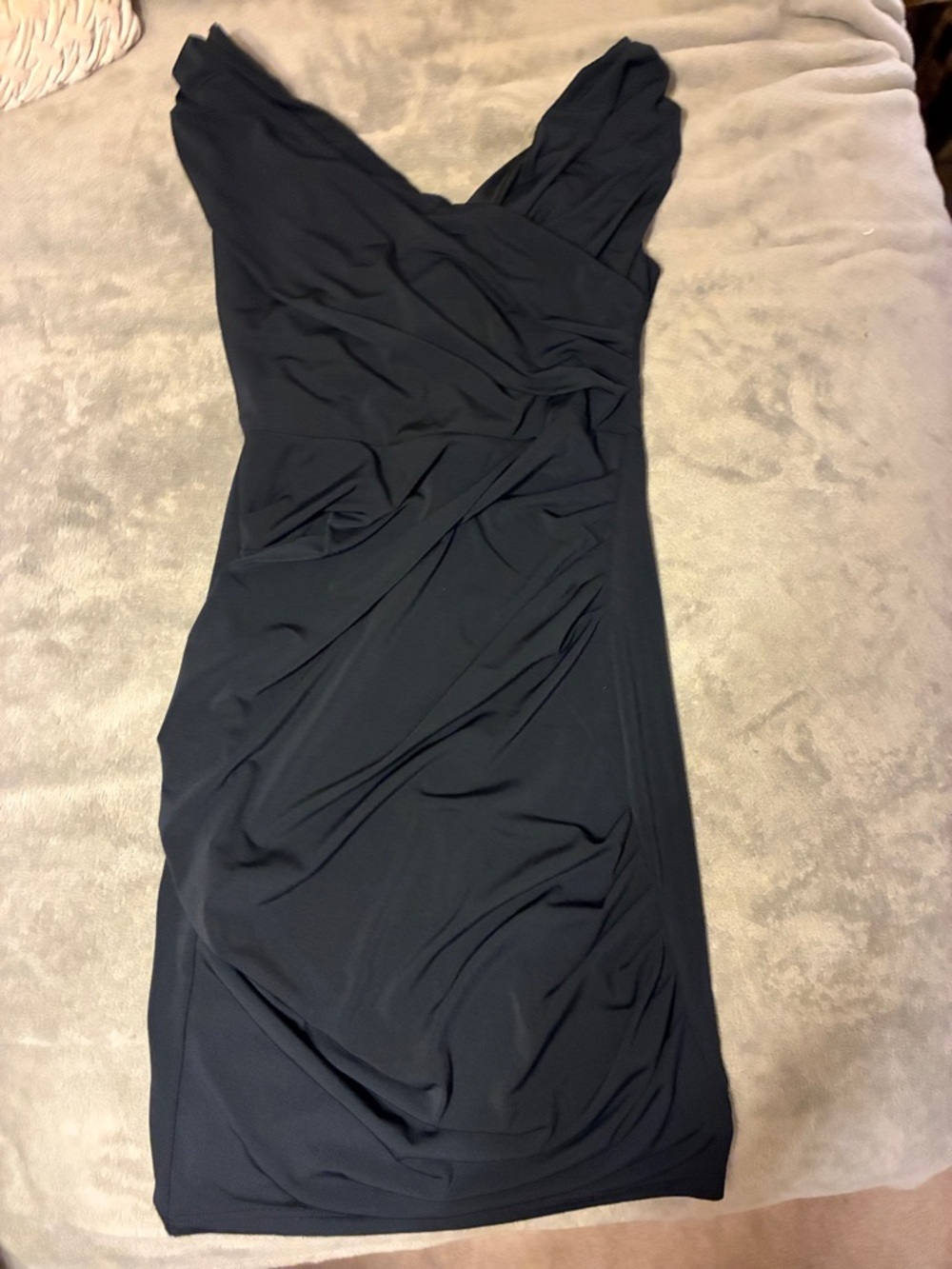 VENUS Black Draped V-Neck Ruched Midi Dress